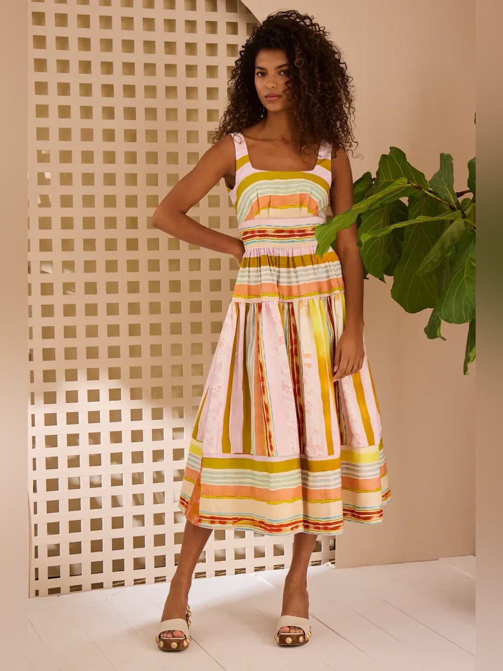 HUNTER BELL Striped Multi-Color Midi Dress - Pink & Yellow